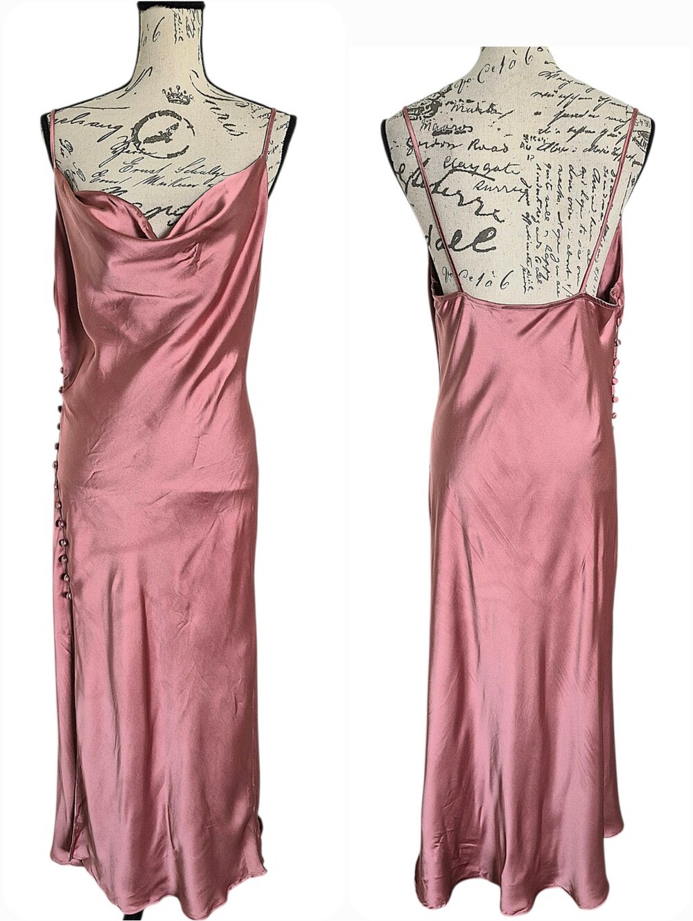 Zara Pink Satin Slip Midi Dress L Cowl Neck Button Slit Cocktail Wedding Guest - Picture 3 of 15